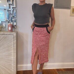 Maje red/white front slit tweed pencil skirt with black trim